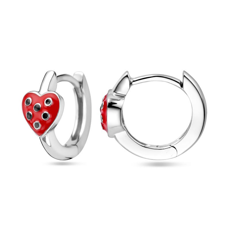 Zilveren Klapoorringen Hart Rood en Zwart Emaille Zilveren Klapoorringen Hart Rood en Zwart Emaille