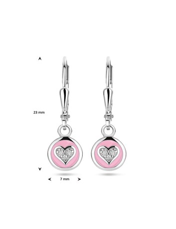 Zilveren Oorhangers Hart Zirkonia en Roze Emaille Brisur Haak
