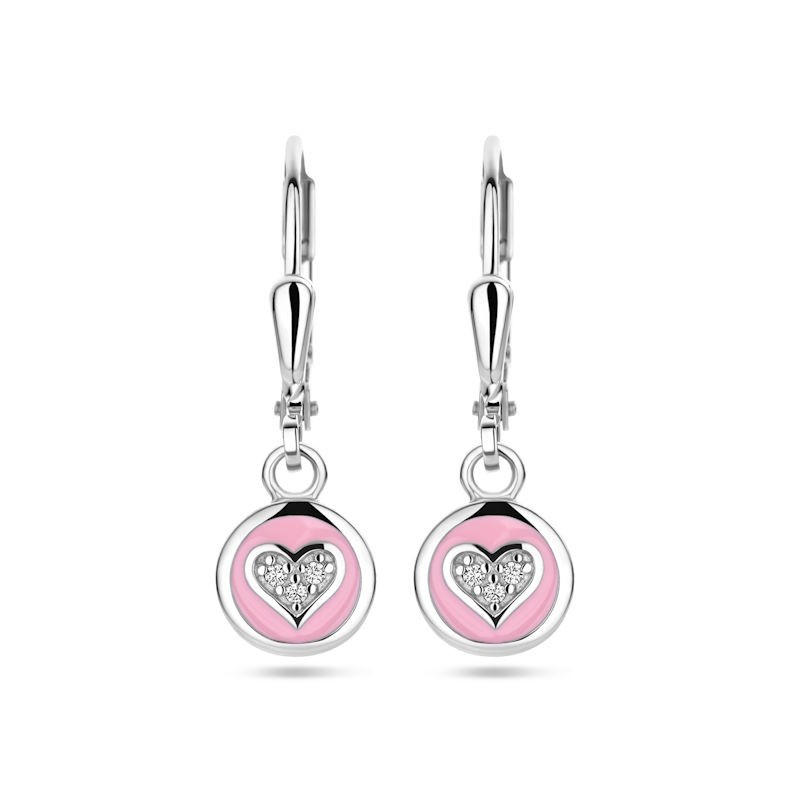 Zilveren Oorhangers Hart Zirkonia en Roze Emaille Brisur Haak Zilveren Oorhangers Hart Zirkonia en Roze Emaille Brisur Haak