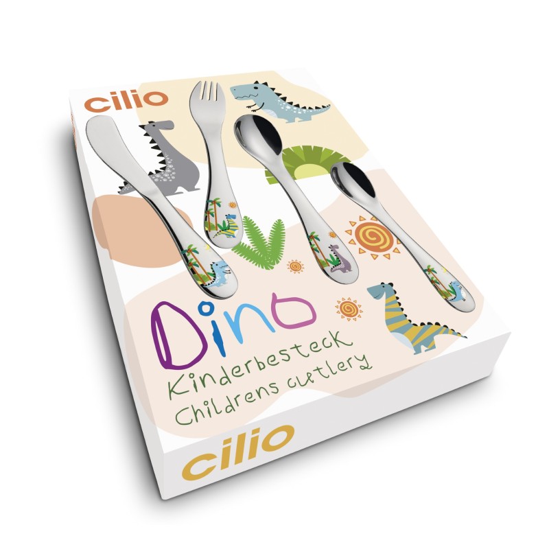 Cilio Kinderbestek Dino 4-delig met naam  - Gratis gegraveerd