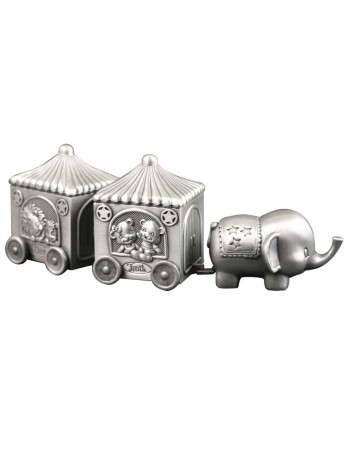 Tandendoosje en haarlokdoosje Olifantentrein – vertinde olifant met twee bewaardoosjes op wieltjes bij Het ZilverHuys.